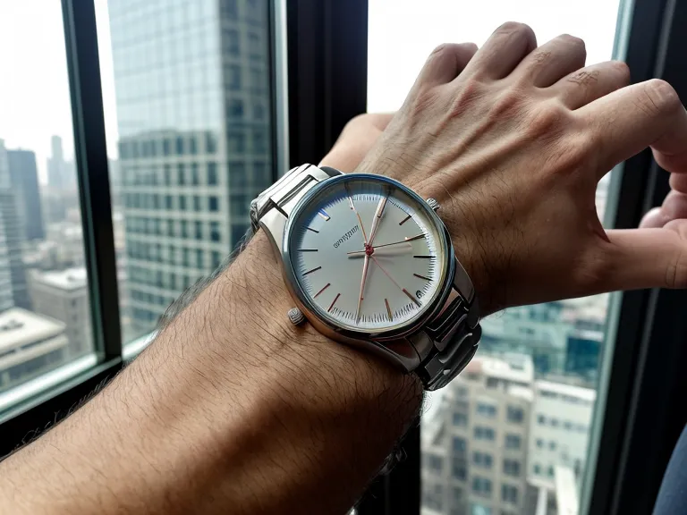 Mano consultando un reloj en una oficina con Santiago de Chile al fondo