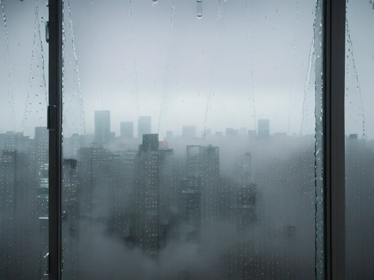 Vista de Santiago de Chile bajo la lluvia desde una ventana de oficina.