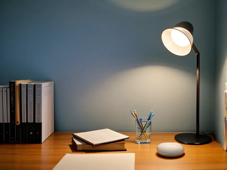 Escritorio de oficina en casa con luz azul de monitor y libros de liderazgo.