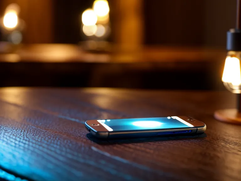 Teléfono inteligente vibrando con notificaciones sobre una mesa de madera rústica.