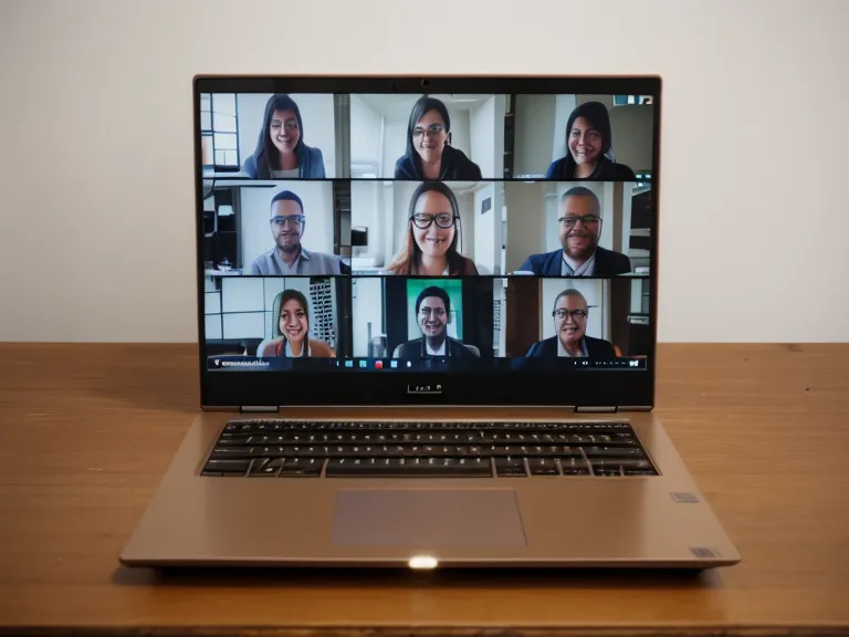 Pantalla de laptop mostrando una videollamada grupal en un entorno de oficina hogareña.