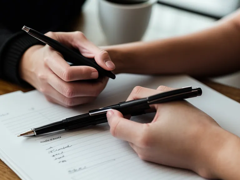 Primer plano de mano revisando datos de gestión sobre un escritorio de madera.