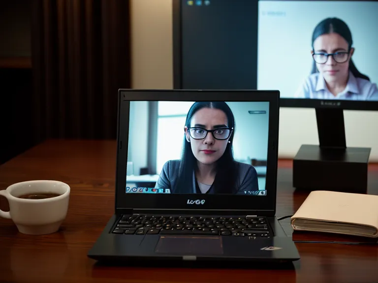 Pantalla de laptop con reunión virtual y cámaras apagadas en oficina